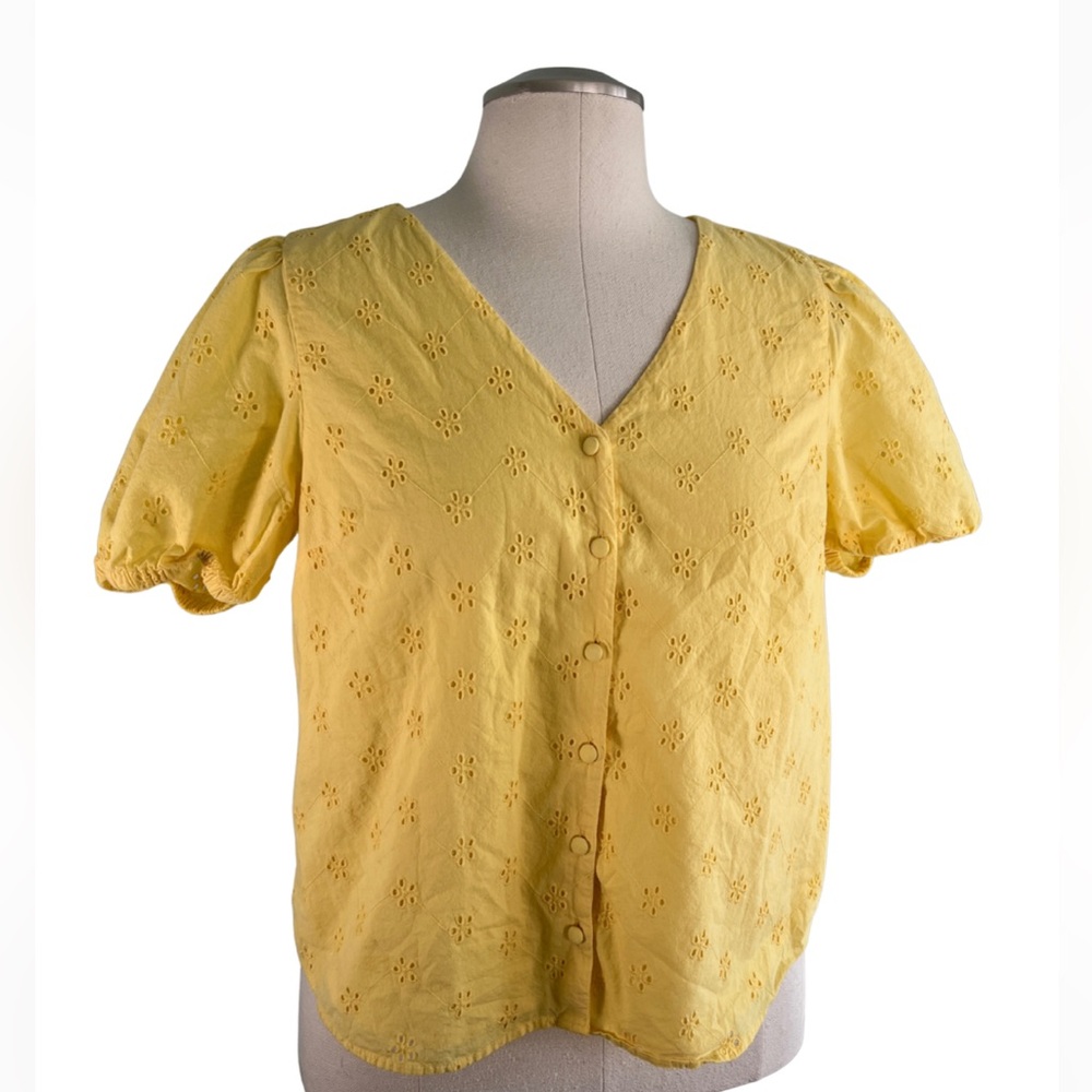 J. CREW yellow puff short sleeve eyelet button up cotton lined V-neck blouse L - Picture 2 of 10